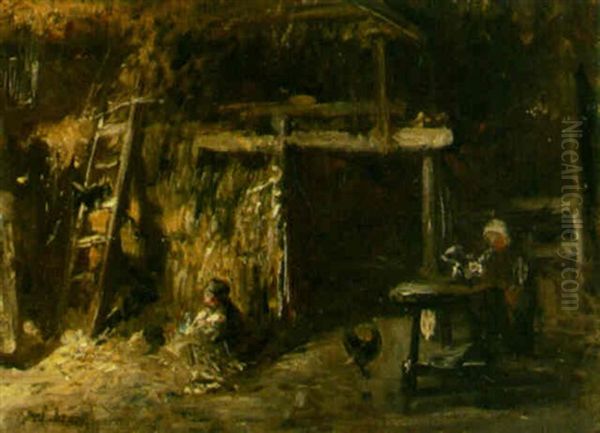 Figures Seated In A Barn Oil Painting by Jozef Israels