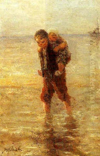 A Beach Scene With A Boy Carrying His Sister Oil Painting by Jozef Israels