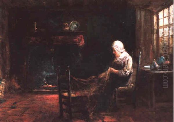 Old Woman Mending Fishing Net In Kitchen Interior Oil Painting by Jozef Israels