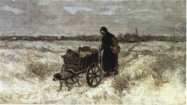 Old Woman With Handcart In A Wintry Landscape Oil Painting by Jozef Israels