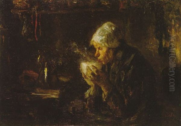 A Fisherwoman Drinking Coffee In A Cottage Interior Oil Painting by Jozef Israels