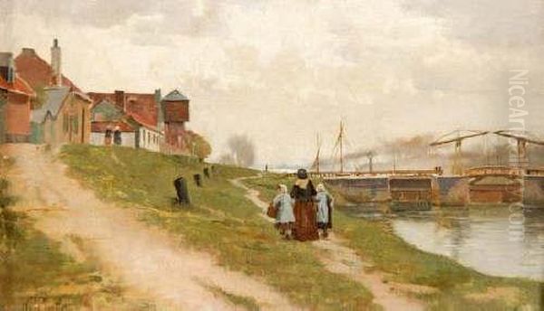 On Panelfigures By A River With Cottages And Lock Oil Painting by William H. Bartlett