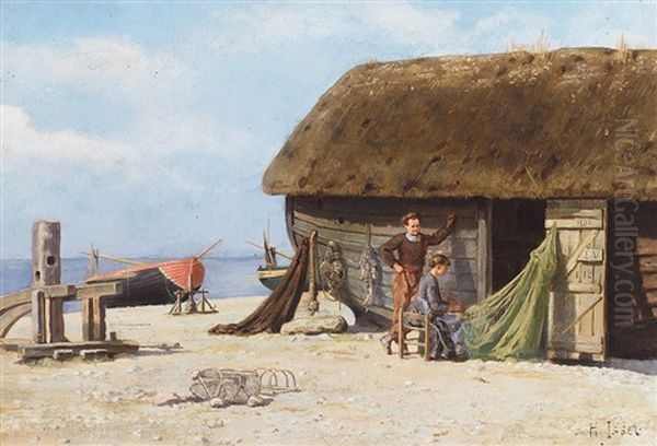 Fischerfamilie Am Strand, Junge Frau Flickt Netz Oil Painting by Heinrich Issel