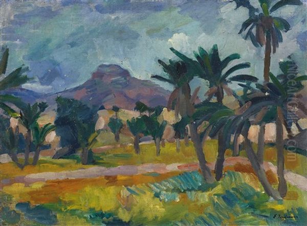 Landschaft Mit Palmen (+ Oasenlandschaft, Verso) Oil Painting by Ernst Isselmann