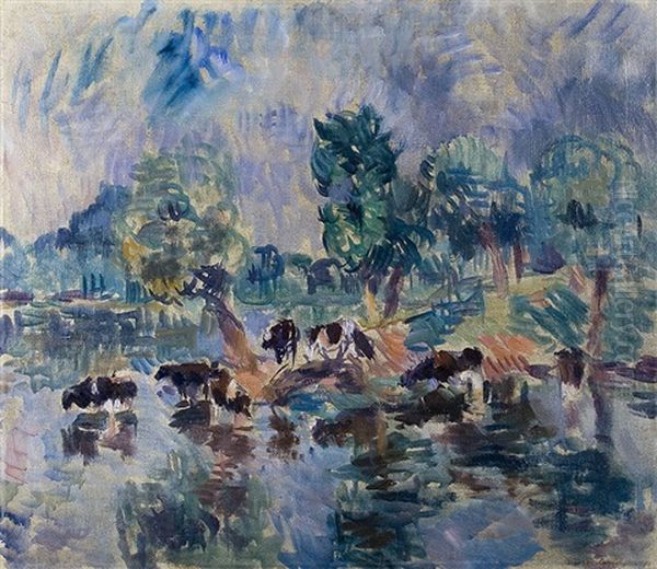 Kuhe Am Ufer (+ Palmen Vor Gebirgsszenerie, Verso) Oil Painting by Ernst Isselmann