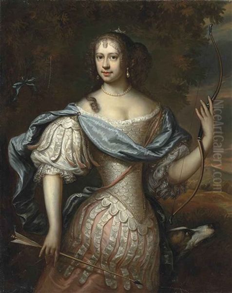 Portrait Of A Lady Frances Teresa Stewart, Duchess Of Richmond And Lennox (1647-1702)?), As Diana, Half-length, In A Dress Of Armour And A Blue Wrap, Holding A Bow And Arrow, A Dog By Her Side, In A Wooded Landscape Oil Painting by Adrianus van Isselsteyn