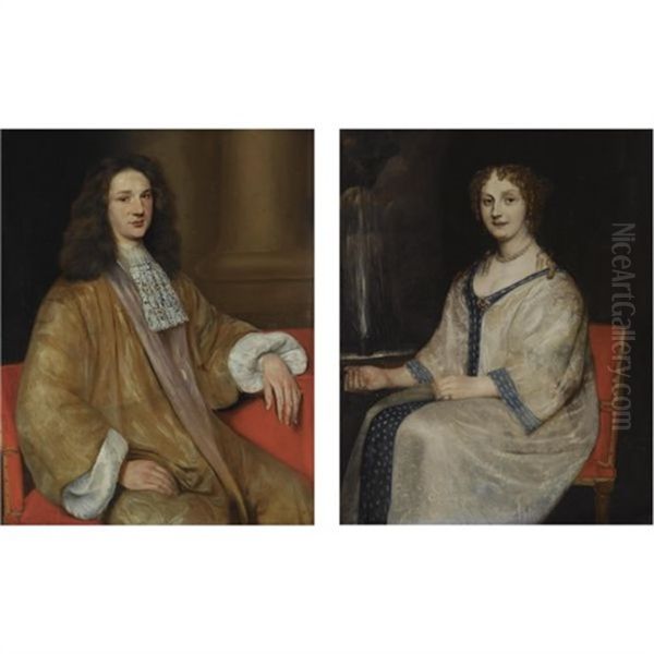 Portrait Of Van Teylinghe, Wearing A Beige Costume And A White Lace Scarf (+ Portrait Of His Wife, Wearing A Refined White And Blue Border Dress; Pair) Oil Painting by Adrianus van Isselsteyn