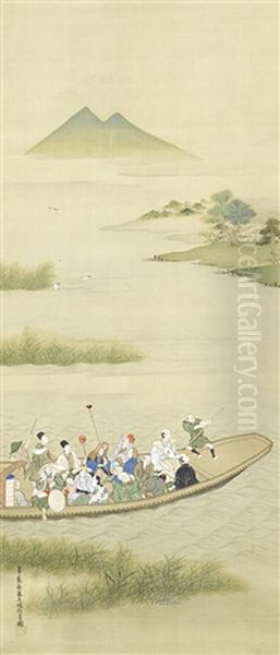 Untitled (a Disparate Group Of Travellers Including A Sarumawashi, A Shishimai Dancer, A Samurai, Pilgrims And Merrymakers Being Ferried Across The Marshlands) Oil Painting by Hanabusa Itcho