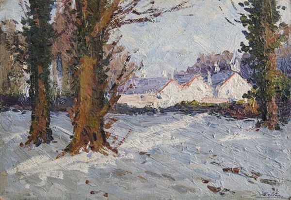 Snowy Landscape With Buildings' And 'a Wintry Wooded Lake Scene Oil Painting by Hans (Jean) Iten