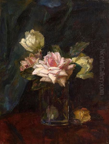 Still Life - Roses In A Glass Vase Oil Painting by Hans (Jean) Iten