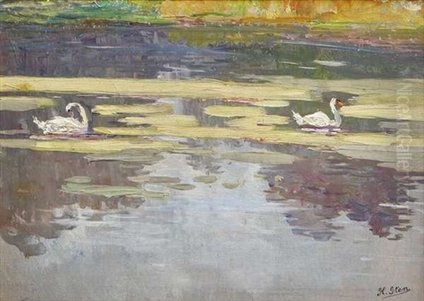 Swans Oil Painting by Hans (Jean) Iten