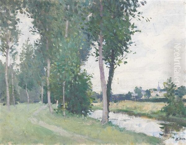 Von Baumen Gesaumtes Flussufer Oil Painting by Hans (Jean) Iten