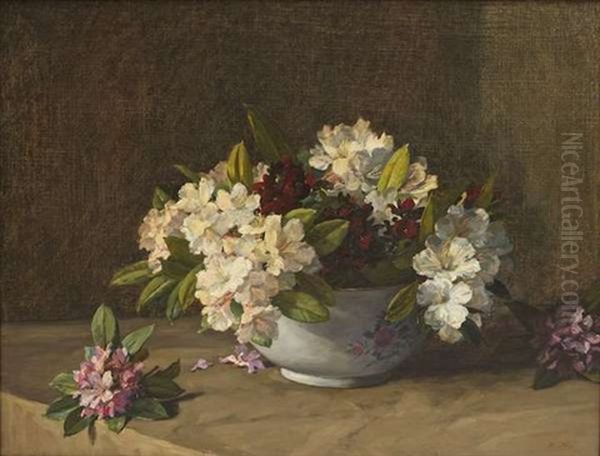 Still Life With Rhododendrons And Famille Rose Bowl Oil Painting by Hans (Jean) Iten