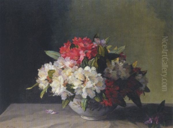 Rhododendrons In A Lustre Bowl Oil Painting by Hans (Jean) Iten