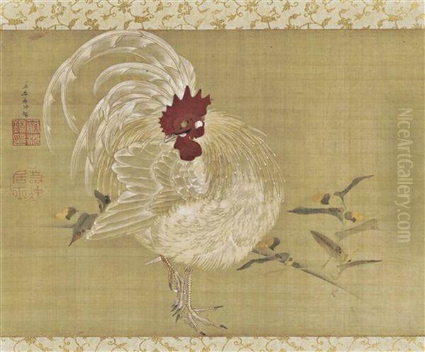 Rooster And Branch Oil Painting by Jakuchu Ito