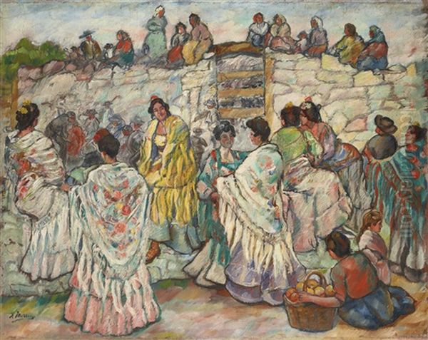 Manolas Outside The Bullring by Francisco Iturrino