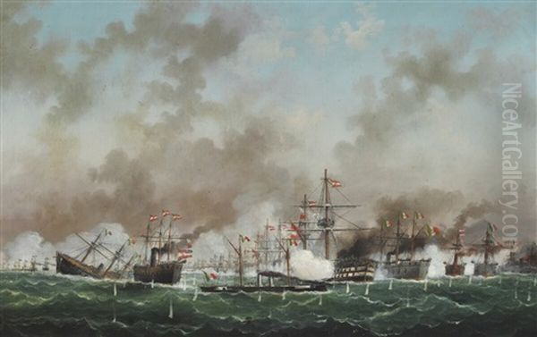 The Battle Of Lissa 20 July 1866 Between Austria And Italy Oil Painting by Vasilije Ivancowich