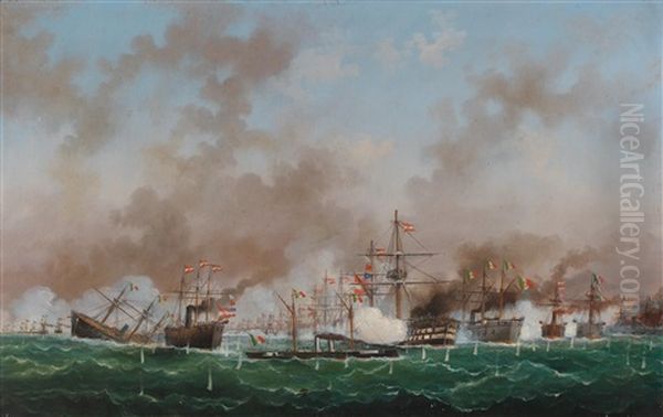 Naval Battle Of Lissa On 20 July 1866 Oil Painting by Basi Ivankovic