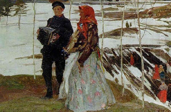 Couple In A Winter Landscape Oil Painting by Mikhail Filippovich Ivanov