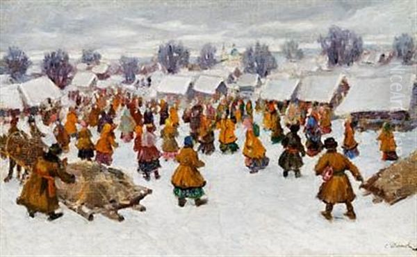 Streetlife Outside A Snow-covered Village In Russia Oil Painting by Sergei Vasilievich Ivanov