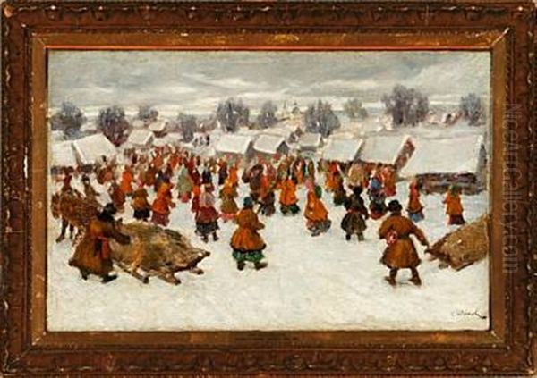 Streetlife Outside A Snow Clad Village Oil Painting by Sergei Vasilievich Ivanov