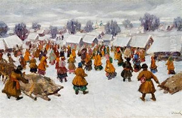 Streetlife Outside A Snow Clad Village Oil Painting by Sergei Vasilievich Ivanov