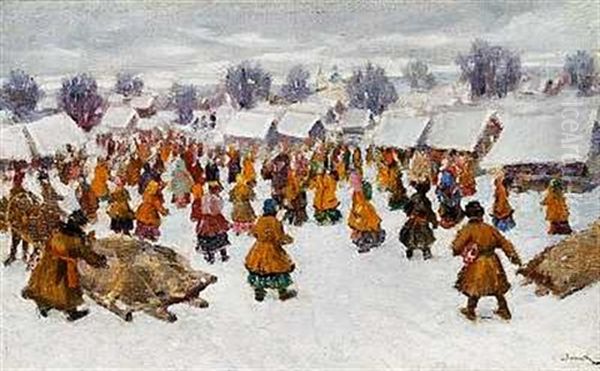 Folkeliv I Udkanten Af En Sneklaedt Landsby Oil Painting by Sergei Vasilievich Ivanov