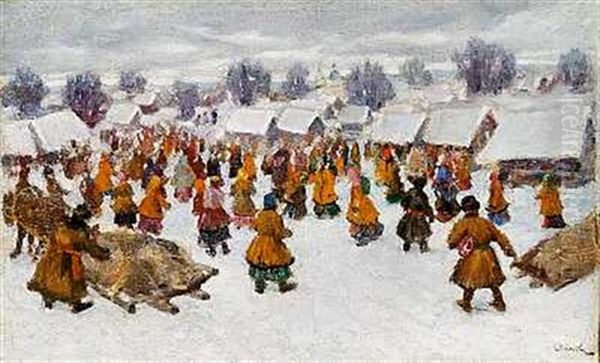 Scene Of Life Outside A Snow-covered Village In Relation To A Feast Oil Painting by Sergei Vasilievich Ivanov