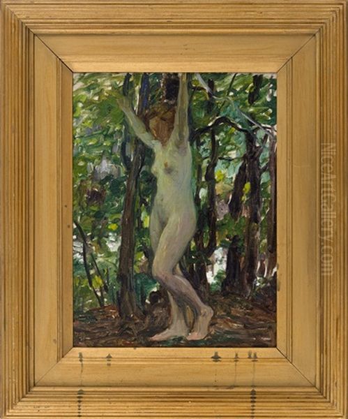 Standing Female Nude In A Forest by Sigismund Ivanowski