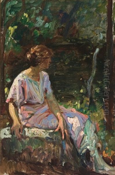 Woman In The Garden Oil Painting by Sigismund Ivanowski