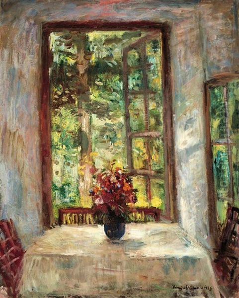 Summer Morning (sunshine Veranda With Garden Bouquet, Balatonlelle) Oil Painting by Bela Ivanyi Gruenwald