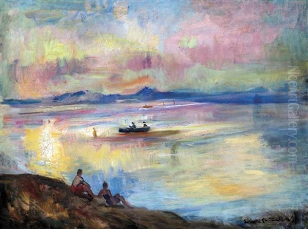 Twilight At The Balaton Oil Painting by Bela Ivanyi Gruenwald