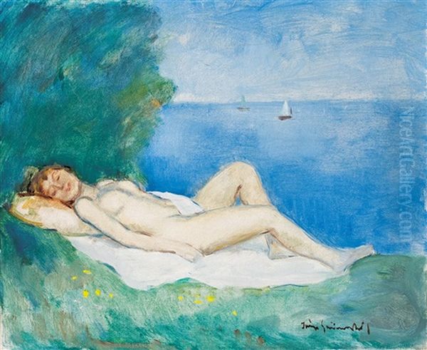 Nude By The Waterfont Oil Painting by Bela Ivanyi Gruenwald