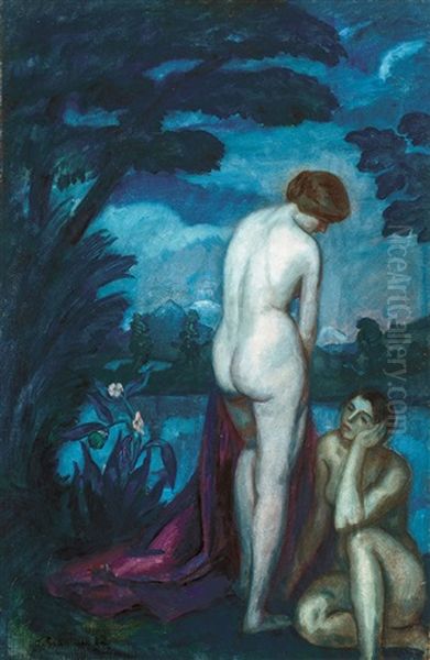 Nudes By The Shore (bathing At Night) Oil Painting by Bela Ivanyi Gruenwald