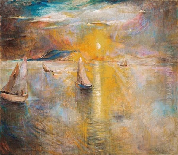 Sunrise At Lake Balaton Oil Painting by Bela Ivanyi Gruenwald