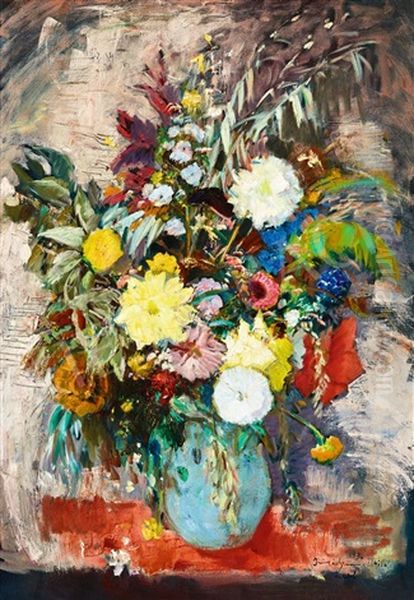 Summer Bouquet In A Blue Vase Oil Painting by Bela Ivanyi Gruenwald