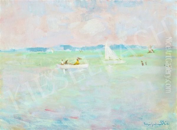 Lake Balaton With Sailing Boats Oil Painting by Bela Ivanyi Gruenwald