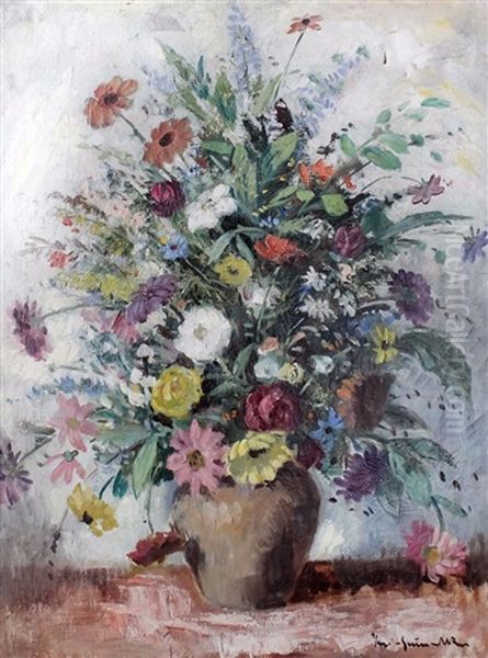 Still Life With Vase Of Flowers Oil Painting by Bela Ivanyi Gruenwald