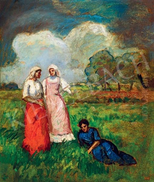 Girls In The Field Oil Painting by Bela Ivanyi Gruenwald