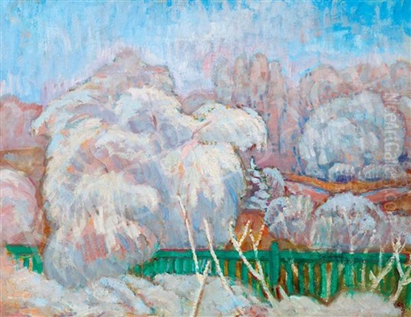 The Green Fence (winter Landscape) Oil Painting by Bela Ivanyi Gruenwald