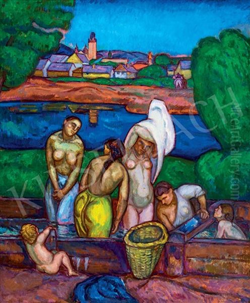 Women Bathing (nagybanya) Oil Painting by Bela Ivanyi Gruenwald