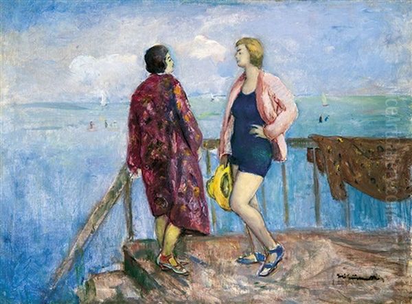 Bathers At Lake Balaton Oil Painting by Bela Ivanyi Gruenwald