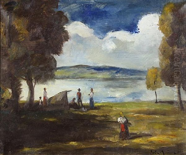 Andscape With Gypsies By A River by Bela Ivanyi Gruenwald