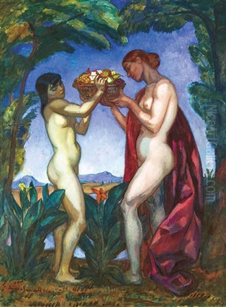 Nudes With Basket Oil Painting by Bela Ivanyi Gruenwald