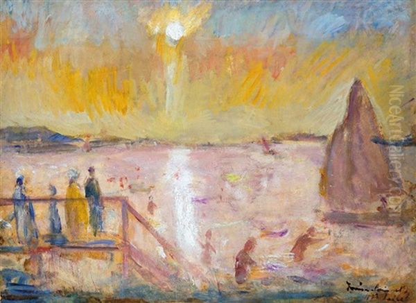 Sunset In Balaton With Sailors (balatonlelle) Oil Painting by Bela Ivanyi Gruenwald