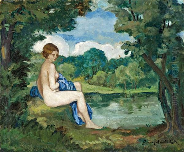 Nude With Blue Drapery Oil Painting by Bela Ivanyi Gruenwald