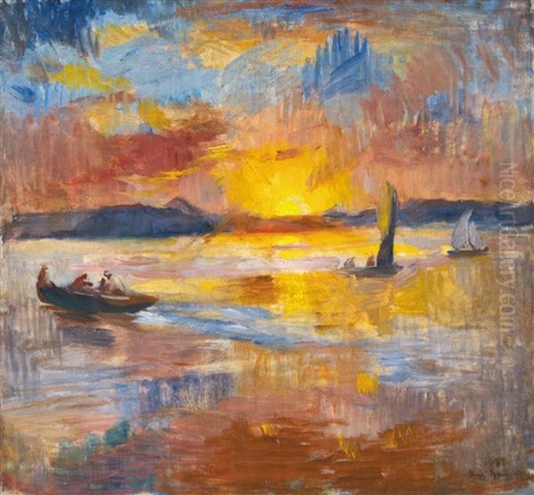 Sunset At Balaton Oil Painting by Bela Ivanyi Gruenwald