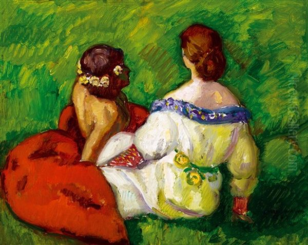 Girls On The Field Oil Painting by Bela Ivanyi Gruenwald