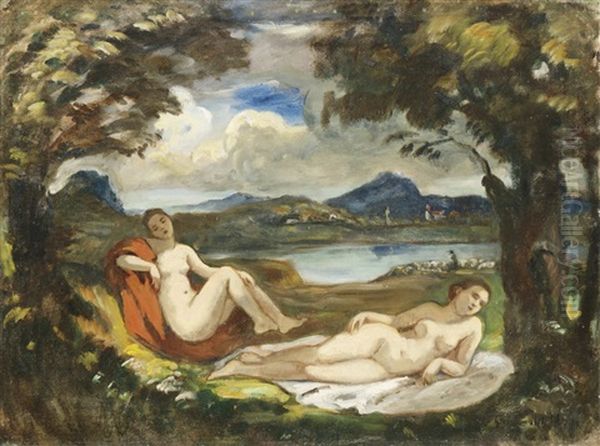 Bathers In A Classical Scenery Oil Painting by Bela Ivanyi Gruenwald