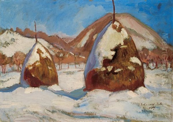 Snowy Haystacks Oil Painting by Bela Ivanyi Gruenwald